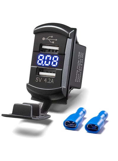 Buy Car Charger 4.2A Dual USB Port Socket Rocker Style Adapter Socket and Waterproof Fast Charge Mount with Blue Led Digital Voltmeter for Rocker Marine Switch Panel on Boat RV Vehicle ect in UAE