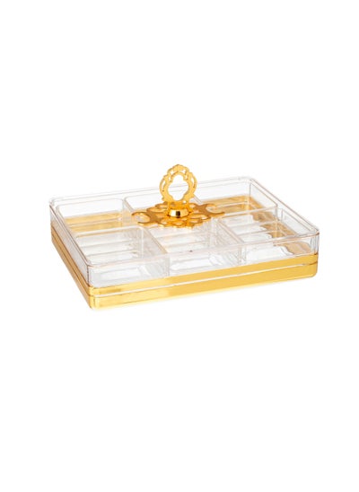 Buy Rectangular acrylic nut dish with a lid with golden metal decor in Saudi Arabia