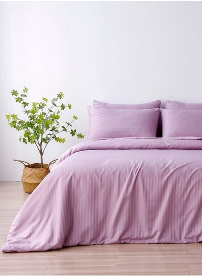 Buy King Size 6 Pieces Premium Satin Stripe Duvet Cover, Solid Greige Violet in UAE