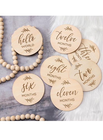 اشتري Baby Monthly Milestone Cards Sign - 7 Cute Double Sided Wooden Circles Discs Newborn Memento في السعودية
