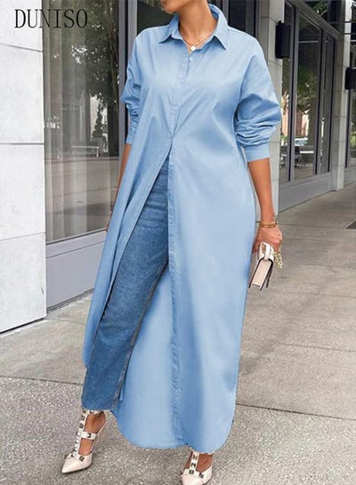 Buy Women Elegant Casual Summer Spring Button Down Front Long Sleeve Maxi Dress Long Cardigan Cover Ups Shirt Dresses in Saudi Arabia