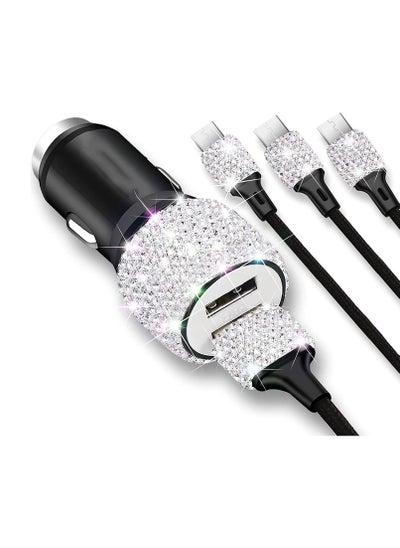 Buy Shiny Crystal Dual USB Car Charger with 3-in-1 Handmade Crystal Data Cable Set, Car Charger for Mobile Phone Fast Charging Car Decoration Set in UAE