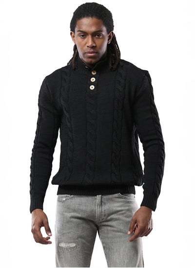 Buy Buttoned Neck Black Pullover with Ribbed Hem in Egypt