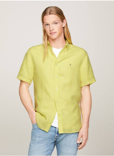 Buy Men's Short Sleeve Regular Fit Linen Shirt -  Pure linen, Yellow in UAE