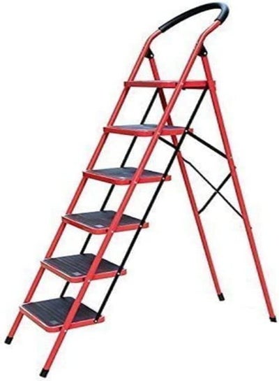 Buy Tamtek 6 Step Red Ladder Folding Heavy Duty Steel Ladder 150 Kg Capacity ( 188X146X117Cm ), Rubber Pad Multi-Purpose Portable Ladder For Home, Kitchen, Garden, Office, Warehouse in UAE