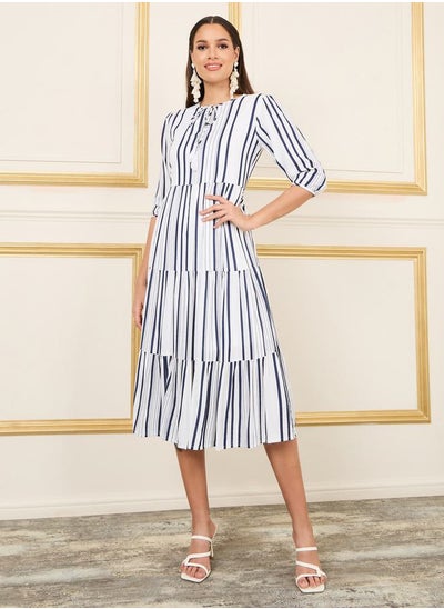 Buy Striped Tie Up Neck Tiered Midi Dress in Saudi Arabia