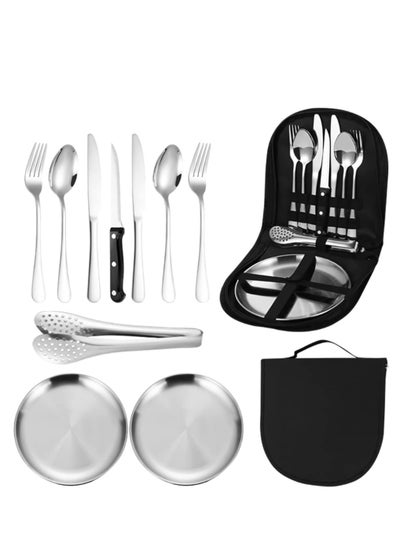 Buy Outdoor Picnic Tableware, Camping Dinnerware Set with Spoon Fork Knife, 10 Piece Silverware Set With Organizer, Portable Stainless Steel Flatware Set in UAE