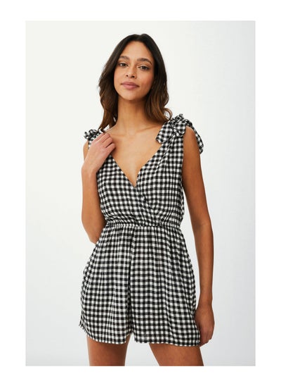 Buy Tie Shoulder Gingham Crinkle Playsuit in UAE