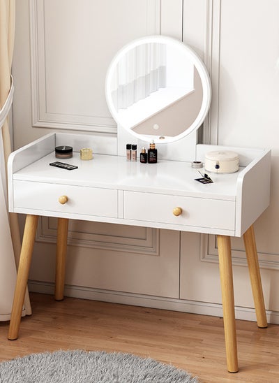 Buy Light Luxury Bedroom Furniture Dressing Table, Walnut Dressing Table Storage Cabinet with LED Makeup Mirror and 2 Drawers for Storage in Saudi Arabia