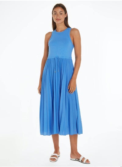 Buy Women's Sleeveless Pleated Midi Dress -  Stretch viscose, Blue in UAE