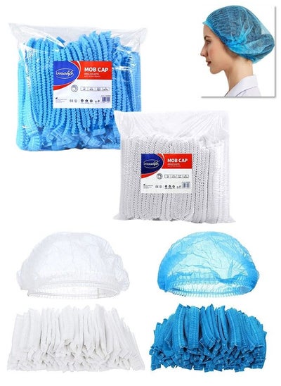 Buy 200 Pieces Disposable Shower Caps Non Woven Mob Hair Net 19 Inch Blue and White Combo in UAE