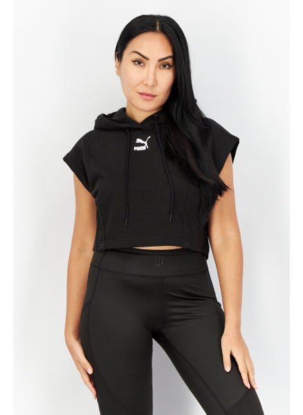 Buy Women Sportswear Fit Hooded Cap Sleeve Cropped Sweatshirt, Black in UAE