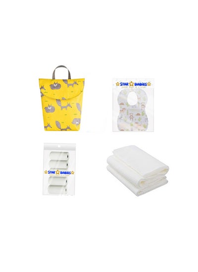 اشتري Baby Essentials Pack Pack Of 4 Scented Bag 5Pcs Changing Mat 3Pcs Bibs 5Pcs Small Diaper Bag Yellow في الامارات