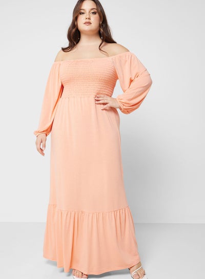 Buy Curve Jac Jossa Peach Shirred Bardot Maxi Dress in UAE