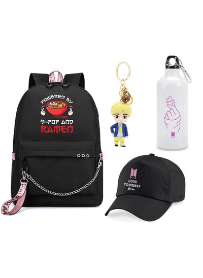 Buy BTS 4in1 Combo - Backpack - Cap - Keychain and Water Flask for True BTS Fans and Merchandise Gifts - Casual Shoulder Bag Travel with USB Charging Port For Girls in UAE