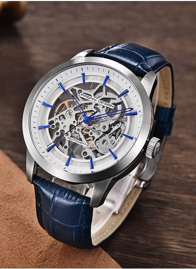 Buy Men's Skeleton Automatic Watches Genuine Leather Strap Waterproof Wrist Watch for Man Steampunk Luxury Clock with Deployment Clasp in UAE