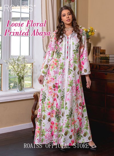 Buy Women's V-Neck Long-Sleeved Dress Floral Pattern Embroidery Front Arabian Robe in Saudi Arabia