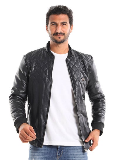 Buy Diamond Patterned Elastic Cuffs Leather Jacket in Egypt