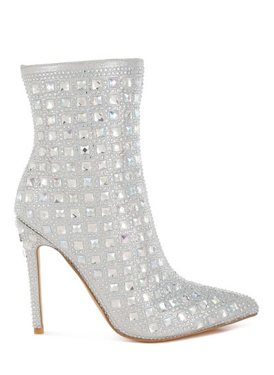 Buy Pointed Toe Rhinestones Stiletto Boots in Silver in UAE