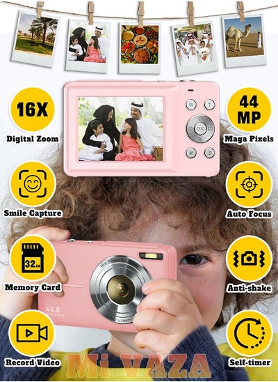 Buy Autofocus Digital Camera for Kids - FHD 1080P 44MP - Rechargeable Compact Mini Camera with 16X Digital - Portable Pocket Camera - With 32GB Memory Card in Saudi Arabia