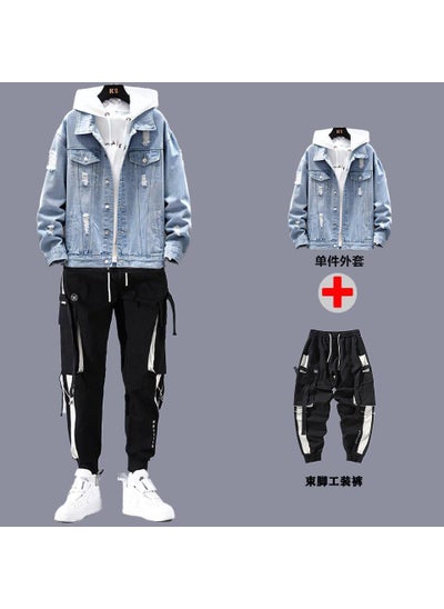 اشتري Mens Casual Denim Jacket  Pants Set Spring 07 light blue + overalls في الامارات