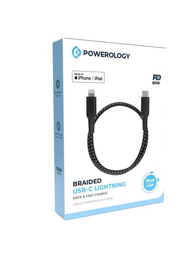 Buy Powerology MFI Braided Type-C to Lightning Cable 30CM - Black in UAE