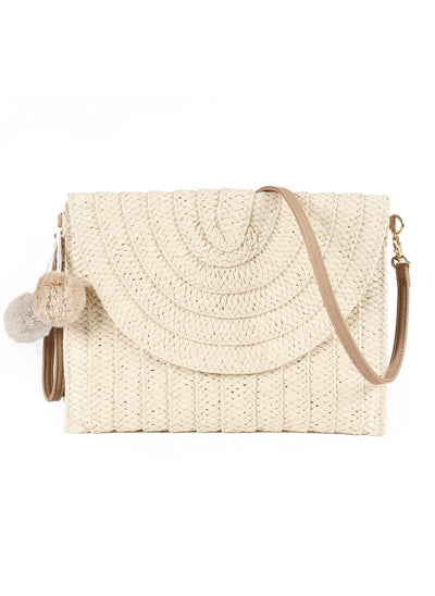 Buy Straw Shoulder Bag Straw Clutch Women Hand-woven PomPom Straw Crossbody Bag Summer Beach Envelope Purse Wallet in UAE