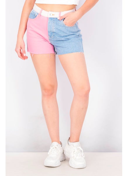 Buy Women Regular Fit Two-Tone Denim Shorts, Blue/Pink in Saudi Arabia