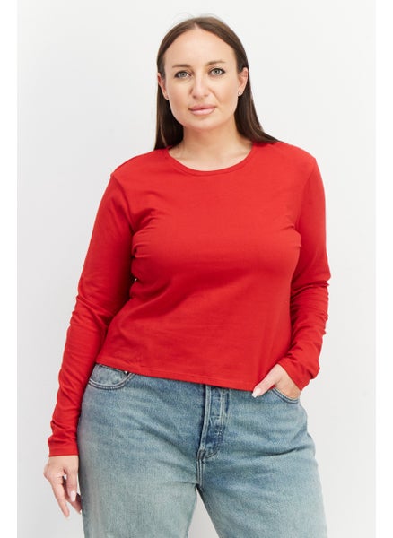 Buy Women Round Neck Long Sleeve Plain Top, Red in UAE