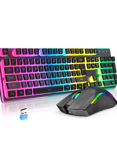 Buy Wireless Mouse And Keyboard Set RGB Water Backlight Rechargeable Keyboard ABS Pudding Key Cap Automatic Hibernation Power Saving Mode 2.4G Wireless Transmission Technology(Black) in Saudi Arabia