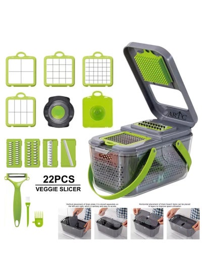 Buy 1 Set, 22in1 Vegetable Chopper, Multifunctional Fruit Slicer, Manual Food Grater, Vegetable Slicer, Cutter With Container, Onion Mincer Chopper, Household Potato Shredder, Kitchen Gadgets in UAE