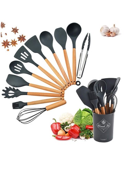 Buy 12Pcs Silicone Spatula Set Silicone Cooking Utensil Set Silicone Kitchen Utensil Set Wooden Handles Utensils Tool for Nonstick Cookware Rubber Spatula Set Heat-Resistant Spatula in UAE