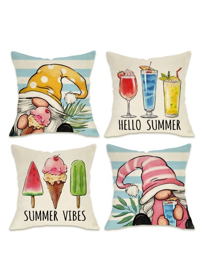 اشتري Summer Decorative Throw Pillow, Set of 4 Hello Summer Vibes Gnome, Cover 18 x 18 Ice Cream Popsicle Juice Porch Patio Outdoor Pillowcase, Stripes Seasonal Farmhouse Couch Cushion Case Home Decor في السعودية