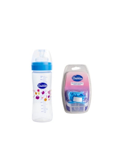 Buy Bubbles Set Classic Baby Bottle 270ml Blue + Pacifier With Chain Blue in Egypt