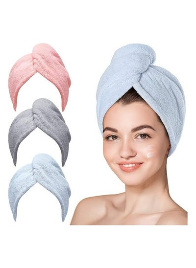 Buy Microfiber Hair Towel, 3 Packs Hair Turbans for Wet Hair, Drying Hair Wrap Towels for Curly Hair Women Anti Frizz (Blue,Grey,Pink) in Saudi Arabia