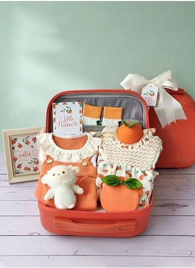 اشتري Adorable Orange Themed Newborn Baby Giftset with Luxury Suitcase for Gifting Baby girl 9 in 1 في الامارات