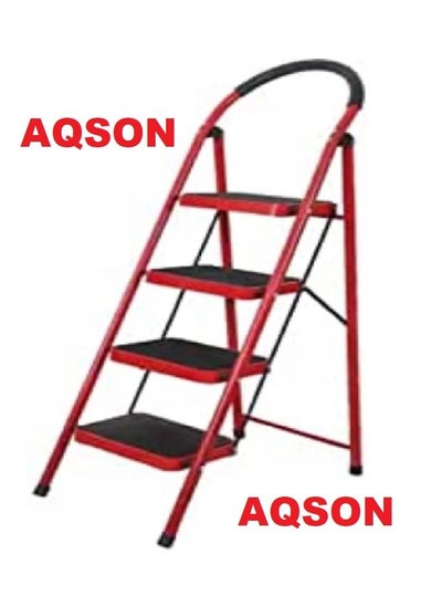 Buy AQSON 4 Step Ladder Folding Wide Step Steel Ladder 150kg Capacity, Multi Purpose Portable Step Stool for Home,Kitchen, Garden, Office, Warehouse Red, 4step ladder in UAE