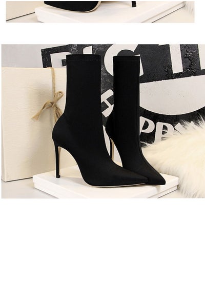 اشتري European And American Simple Women's Boots Slim Heel Pedicure Thin Pointed Lycra Elastic Ankle Boots Black في السعودية