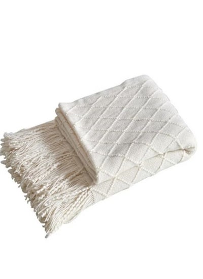 اشتري Tassel Design Soft Warm Cotton Home Decoration Blanket off-white في السعودية