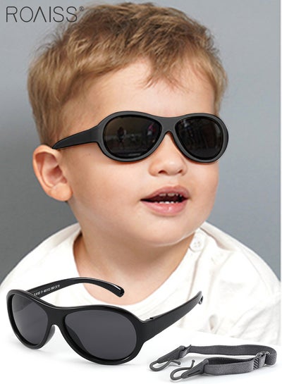Buy Oval Polarized Sunglasses for babies UV400 Protection Cute Beach Holiday Sun Glasses with Flexible Silicone Frame and Elastic Strap for Boys Girls Age 0-3 Black in Saudi Arabia