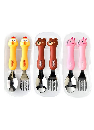 Buy Toddler Utensils Set  3PCS Kids Cutlery Sets Children's Portable Tableware Spoon & Fork Set with Plastic Case 304 Stainless Steel BPA Free Dishwasher Safe (Chicken, Bear, Bunny) in Saudi Arabia