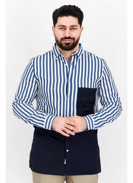 اشتري Men Regular Fit Striped Long Sleeve Casual Shirt, Electric Blue/White في الامارات