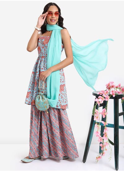 Buy Paisley Print Longline Tunic, Dupatta & Flared Sharara Co-Ord Set in Saudi Arabia