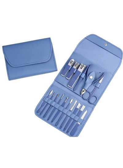 اشتري Nail Clippers Manicure Set,Professional Nail Clippers Kit,Professional Nail Clippers Kit,16 pcs Stainless Steel Nail Care Tools Grooming Kit with Luxurious Travel Leather Case, for Men Women (Blue) في الامارات