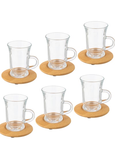 Buy Glass Tea Set With Carved Wood Tea Saucers in Saudi Arabia