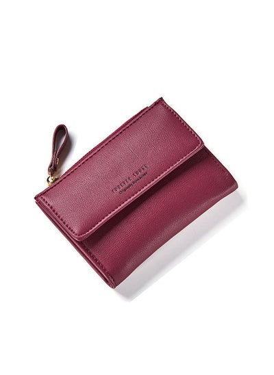 Buy Zipper Short Standard Wallet Fashion Pu Leather Solid Coin Card Purse Wo Lady Clutch Wine Red in UAE