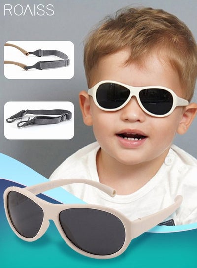 Buy Oval Polarized Sunglasses for babies UV400 Protection Cute Beach Holiday Sun Glasses with Flexible Silicone Frame and Elastic Strap for Boys Girls Age 0-3 Beige in Saudi Arabia