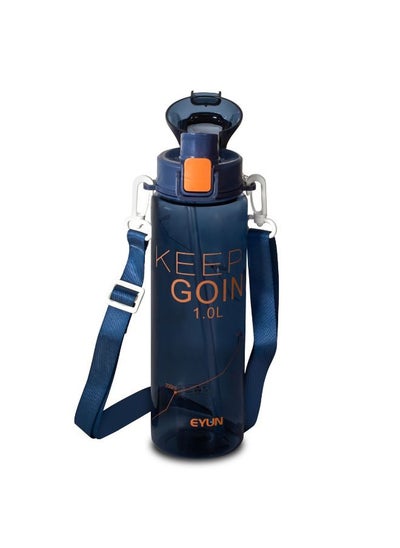 Buy Keep going sports water bottle plastic leak proof unisex for gym office outdoor school with strap 1 l blue in Egypt