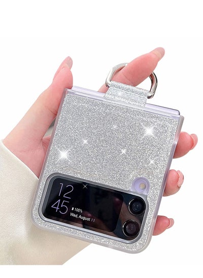 Buy for Galaxy Z Flip 4 5G Case with Ring, Glitter Crystal Bling Sparkly Leather with Slim Fit Hard PC Bumper Protective Cases Cover for Samsung Galaxy Z Flip4 (Silver) in UAE