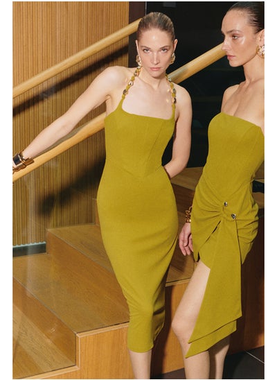 Buy X Zeynep Tosun Oil Green Knitted Accessory Detailed Underwire Elegant Evening Dress TCLSS24EL00013 in Egypt